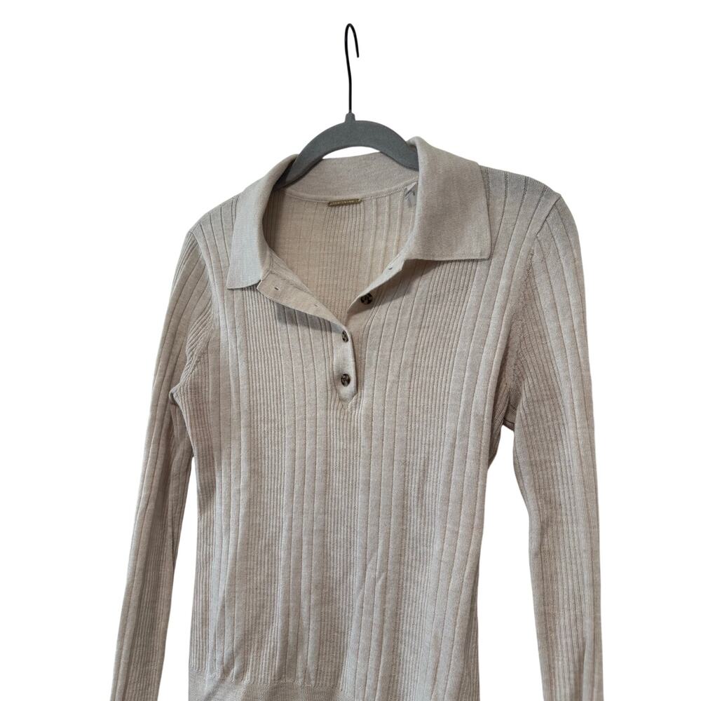 Elie Tahari Women’s Ribbed Knit Collared Polo Sweater Beige Long Sleeve Stretch - Picture 4 of 9